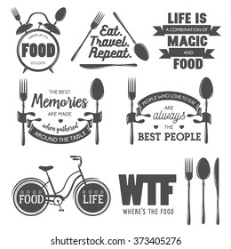 Set of vintage food related typographic quotes. Vector illustration. Kitchen printable design elements.