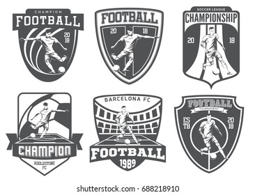 Set of vintage football emblems, badges and icons isolated on white background. Soccer players.