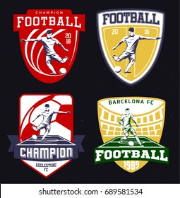 Set of vintage football emblems, badges and icons. Soccer players.