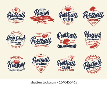 Set of vintage Football emblems and stamps. Sport badges, templates and stickers for Football club, school, league. Collection of retro logos with hand-drawn text and phrases. Vector illustration