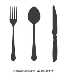 Juego de horquilla vintage, hilo de silueta de cuchillo y cuchara. Ilustración vectorial plana aislada en fondo blanco.