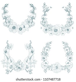 Set of vintage frame border monogram floral ornament. Engraved retro flower decorative design. Beautiful botanical decorative element for wedding invitation, logo. Vector design