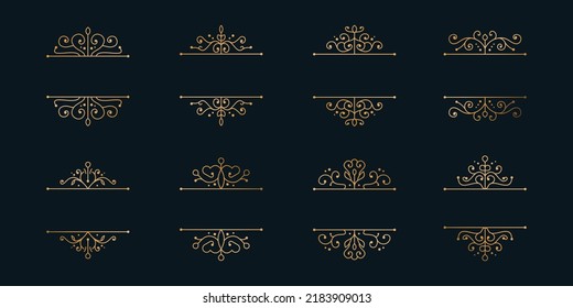 Set of vintage frame corners, logo frame corners minimalist golden color isolated on a black background. Vector illustration.