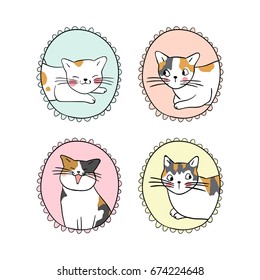 Set vintage frame of cute cat.Draw doodle style.