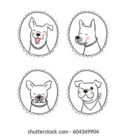 Set vintage frame design outline of dog.Doodle style.