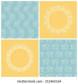 Set of vintage frame in mono line style and seamless background. Perfect for greeting cards, wedding invitations. Vector labels and badges.