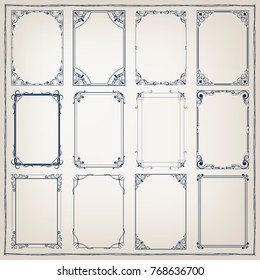 set of vintage frames with beautiful filigree, decorative vintage borders, vector illustration