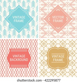 Set of vintage frames in Blue, Peach, Coral, Gold and Beige on mono line seamless background. Perfect for greeting cards, wedding invitations, retro parties. Vector labels and badges