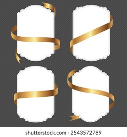 Set of vintage frames and borders with gold ribbons wrapped around them for decoration and celebration.