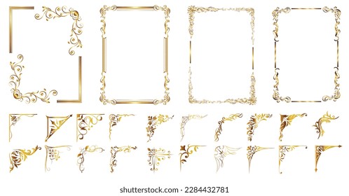 Set of vintage frames and borders set,Gold photo frame, vector floral corners set. border design.