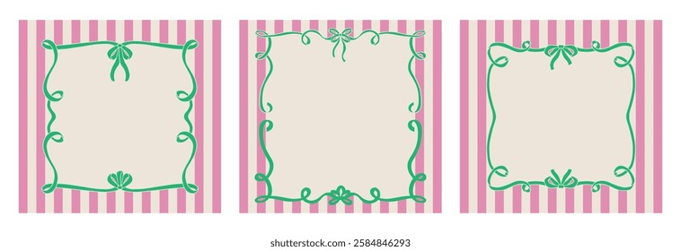 Set of vintage frames with bows and striped background. Vector illustration of heart shaped frames with ribbon bowknots. Coquette greeting card templates.
