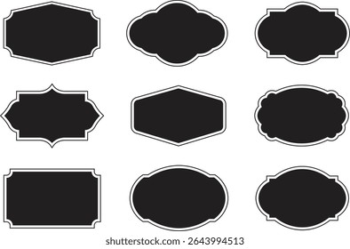 set of vintage frames. Collection of decorative, blank, vintage-style labels and frames. Set of nine black, various shapes and ornate borders, perfect for adding a touch of vintage charm.	