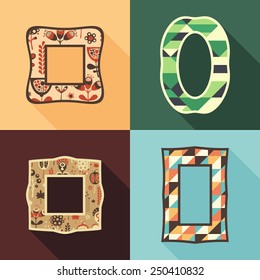 Set of vintage frames with colorful flowers and triangles.