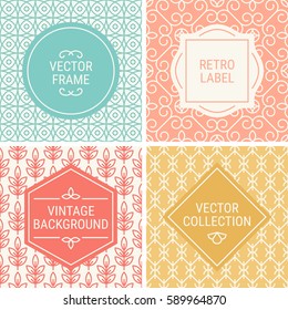 Set of vintage frames in Cyan, Orange, Yellow and Beige on mono line seamless background. Perfect for greeting cards, wedding invitations, retro parties. Vector labels and badges