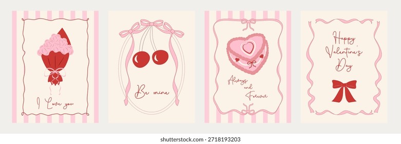 Un conjunto de marcos vintage con elegantes cintas y lazos para el día de San Valentín. Pastel dibujado a mano en forma de corazón y un ramo de rosas. Plantilla para carteles, Anuncios e invitaciones de boda. Ilustración vectorial.