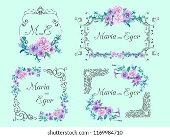 Set of vintage frames with floral motifs for greeting card or wedding invitation on background. Vector garden flowers Pink roses and peonies with greenery in watercolor style.