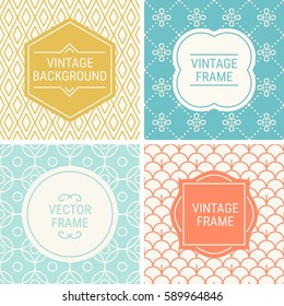 Set of vintage frames in Gold, Cyan, Turquoise, Orange and Beige on mono line seamless background. Perfect for greeting cards, wedding invitations, retro parties. Vector labels and badges