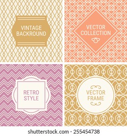 Set of vintage frames in Gold, Pink, Light Orange and Beige on mono line seamless background. Perfect for greeting cards, wedding invitations, retro parties. Vector labels and badges