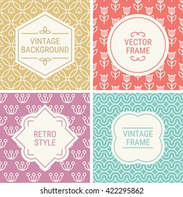 Set of vintage frames in Gold, Red, Pink, Turquoise and Beige on mono line seamless background. Perfect for greeting cards, wedding invitations, retro parties. Vector labels and badges
