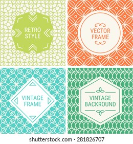 Set of vintage frames in Green, Orange, Blue, Emerald Green and Beige on mono line seamless background. Perfect for greeting cards, wedding invitations, retro parties. Vector labels and badges
