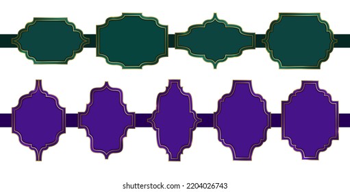 Set of vintage frames in green and purple with gold elements.