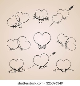 Set of vintage frames of hearts. Collection of design elements vintage set. Isolated on White background. Vector illustration.