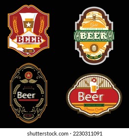 Set of Vintage frames labels for beer. Gold stickers and logos. Design emblems, premium quality. Vector stickers Template for drinks beer bottles and cans. Flourishes advertising banner