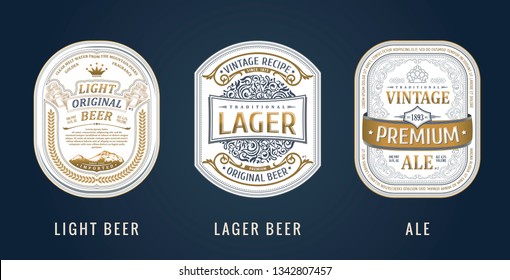 Set of Vintage frames for labels. Gold stickers and logos. Design emblems, premium quality. Vector sticker for drinks beer bottles and cans. Template place for text. Flourishes advertising banner