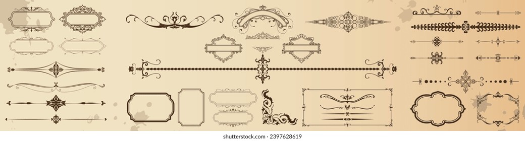 Set of vintage frames with vintage lines and corners on an old background, vector illustration.