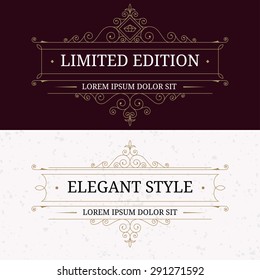Set of vintage frames for luxury logos with flourishes elegant calligraphic decorative ornamental lines. Restaurant, boutique, cafe, hotel, jewelry, heraldic identity. Vector illustration