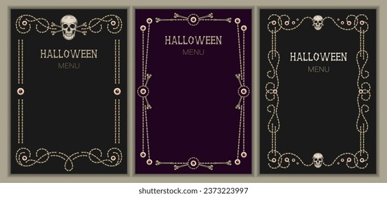 Set of vintage frames made with bones, skull, creepy eyes. Good for Halloween, Dia de Muertos holiday decoration. Template for menu, poster, invitation etc Not AI