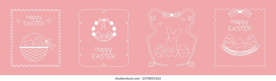 Set of vintage frames made of ribbons and bows dedicated to the holiday of Happy Easter. Easter bunny, eggs, basket and wreath in hand-drawn style. Perfect for postcards, covers. 