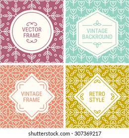 Set of vintage frames in Mint Green, Orange, Pink, Yellow and Beige on mono line seamless background. Perfect for greeting cards, gift paper, retro parties. Vector labels and badges