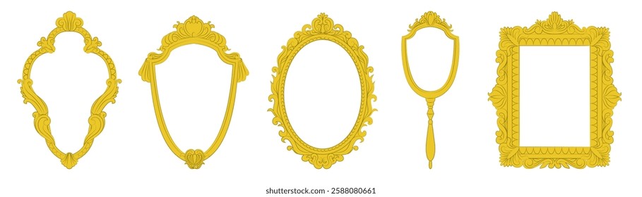 Set of vintage frames for mirrors and paintings. Baroque ornamented frames for royal interior. Vector illustration isolated on transparent background.