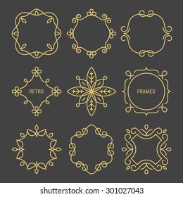 Set of vintage frames in mono line style. Vector emblems, badges, hipster logo templates. Perfect for retro invitations and greeting cards