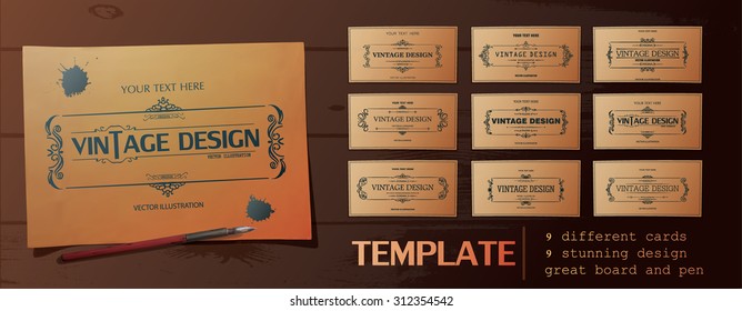set of vintage frames on the wooden background with pen