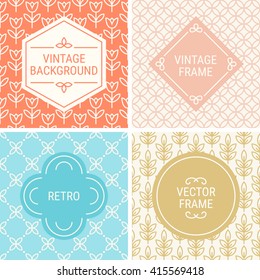 Set of vintage frames in Orange, Blue, Gold and Beige on mono line seamless background. Perfect for greeting cards, wedding invitations, retro parties. Vector labels and badges