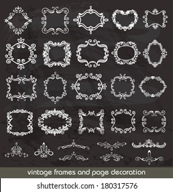 Set of vintage frames and page decoration on the chalkboard. 
