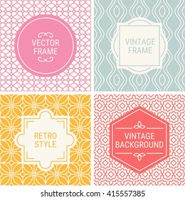 Set of vintage frames in Pink, Grey, Yellow, Red and Beige on mono line seamless background. Perfect for greeting cards, wedding invitations, retro parties. Vector labels and badges