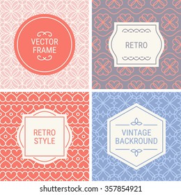 Set of vintage frames in Pink, Red, Violet and Beige on mono line seamless background. Perfect for greeting cards, wedding invitations, retro parties. Vector labels and badges