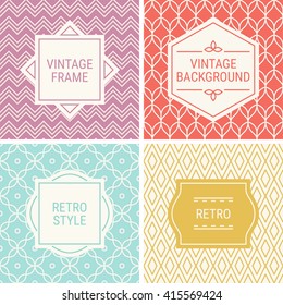 Set of vintage frames in Pink, Red, Turquoise, Gold and Beige on mono line seamless background. Perfect for greeting cards, wedding invitations, retro parties. Vector labels and badges