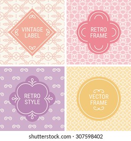 Set of vintage frames in Pink, Violet, Yellow and Beige on mono line seamless background. Perfect for greeting cards, wedding invitations, retro parties. Vector labels and badges