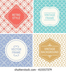 Set of vintage frames in Red, Cyan, Violet, Gold and Beige on mono line seamless background. Perfect for greeting cards, wedding invitations, retro parties. Vector labels and badges