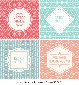 Set of vintage frames in Red, Cyan, Grey, Pink and Beige on mono line seamless background. Perfect for greeting cards, wedding invitations, retro parties. Vector labels and badges