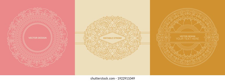 Set of vintage frames in Red, Gold, Brown and Beige on mono line seamless background. Perfect for greeting cards, wedding invitations, retro parties. Vector labels and badges