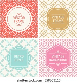 Set of vintage frames in Red, Gold, Blue, Pink and Beige on mono line seamless background. Perfect for greeting cards, wedding invitations, retro parties. Vector labels and badges