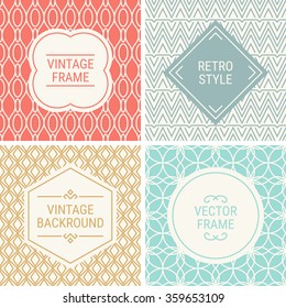 Set of vintage frames in Red, Grey, Gold, Blue and Beige on mono line seamless background. Perfect for greeting cards, wedding invitations, retro parties. Vector labels and badges