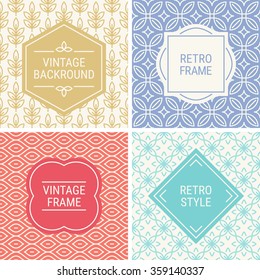 Set of vintage frames in Red, Violet, Blue, Gold and Beige on mono line seamless background. Perfect for greeting cards, wedding invitations, retro parties. Vector labels and badges