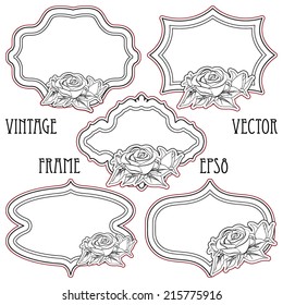 Set of vintage frames with roses, isolated on white. Vector illustration.
