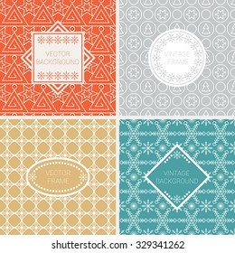 Set of vintage frames with sta, snowflakes, triangles, ball in Turquoise, Red, Gold and Grey on mono line seamless background. Perfect for greeting cards.Vector labels, badges and gift wrapping paper.